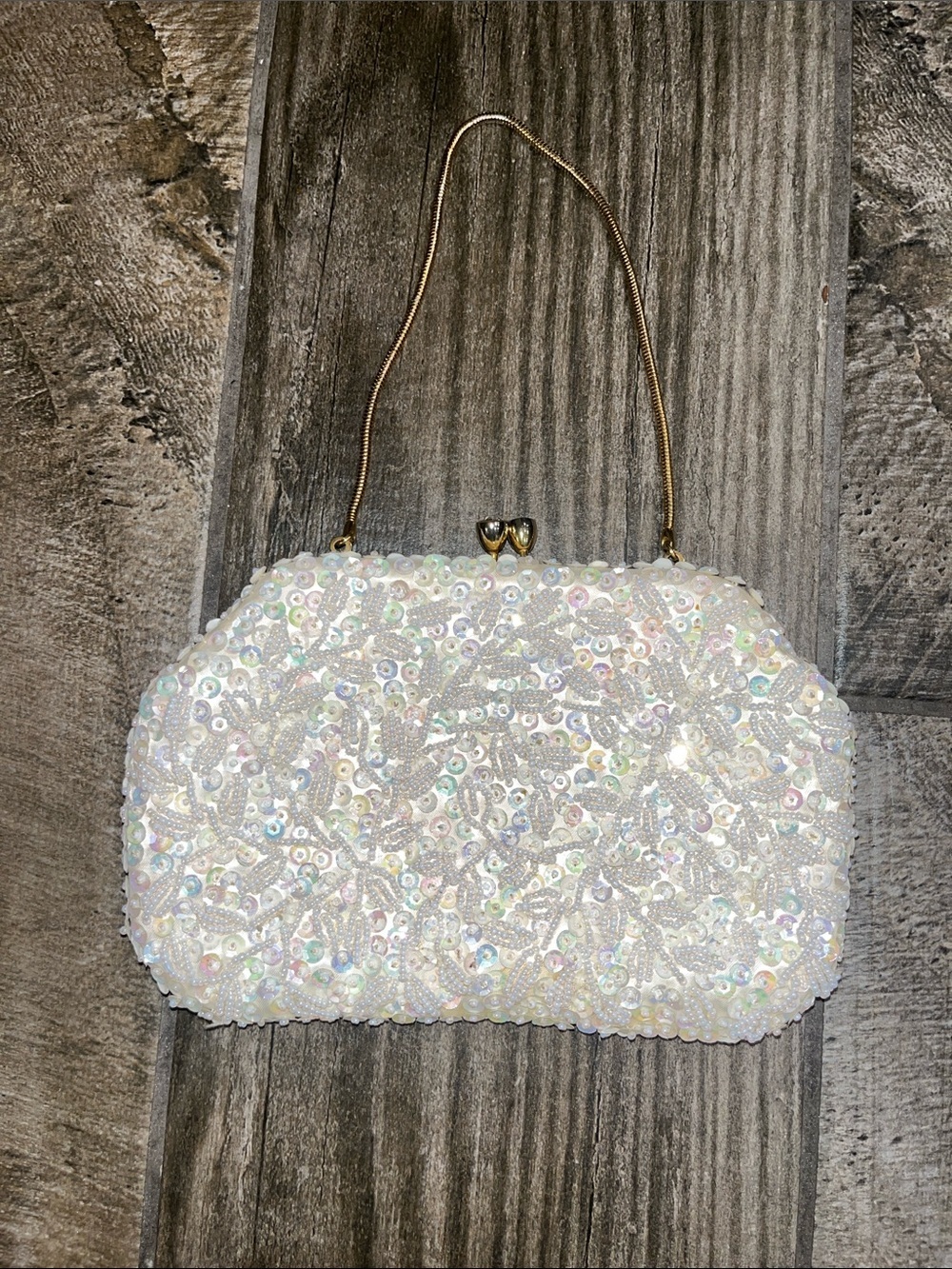 Vintage Iridescent White hand made intricate Sequin Evening Clutch w/Gold Chain